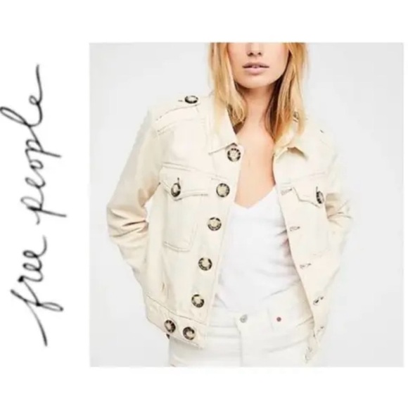 Free People Eisenhower Denim Twill Jacket Casual Boho Ivory Slouchy NWT Size L - Picture 1 of 11